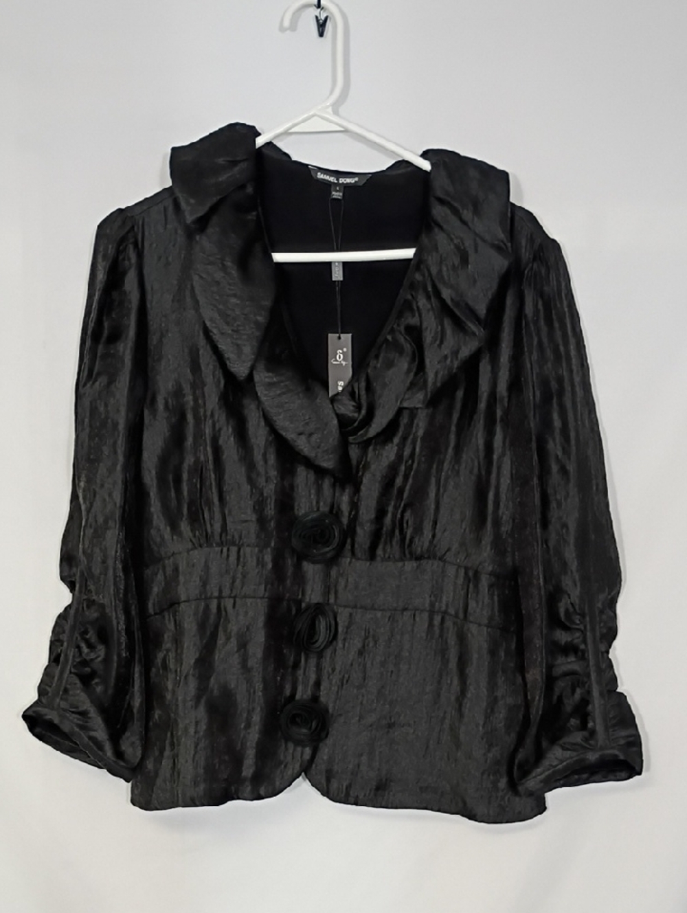 NWT Samuel Dong Black Textured Jacket with Gathered Collar Size Large 21702